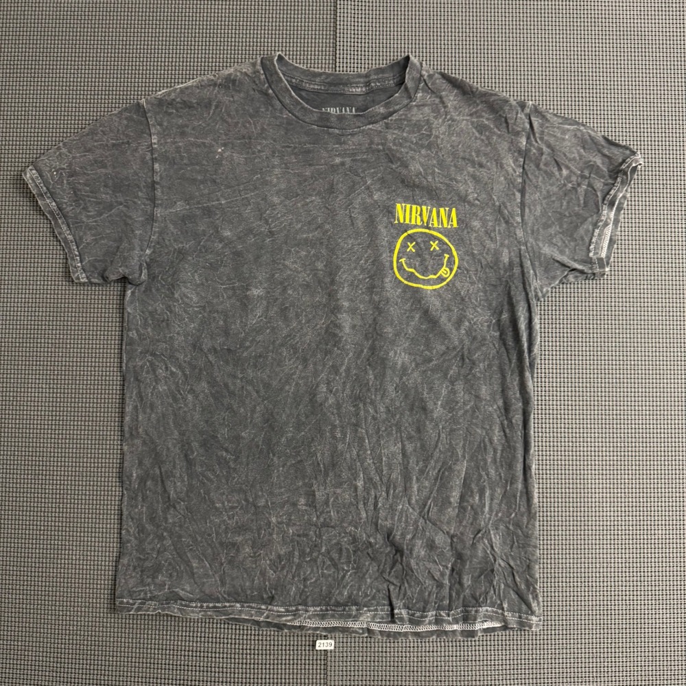 Nirvana Acid Wash Smiley Face Graphic T-Shirt Grey Mens Medium RN 90355